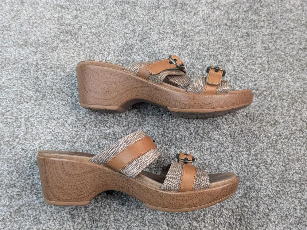 Dansko Sandals Shoes Womens Size 38 8 7.5 Brown Jessie Wedge Slide Buckle Lizard